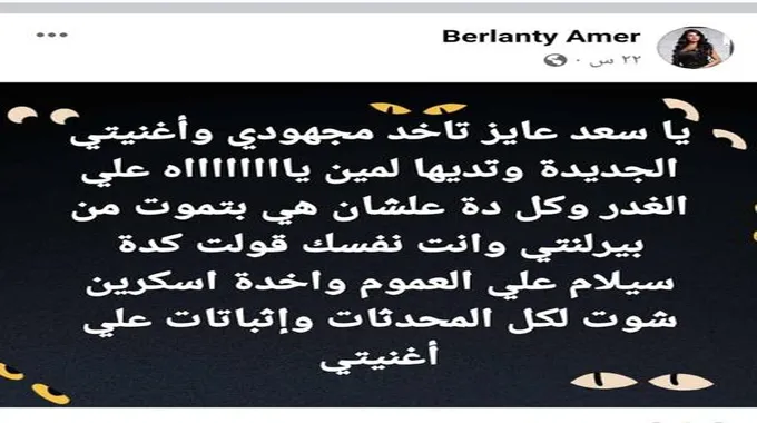 برلنتي عامر تتعرض للتهديد والسرقة من سعد الصغير بعد إعلان انفصالهما