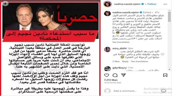 نادين نجيم تهاجم حسابا عبر 